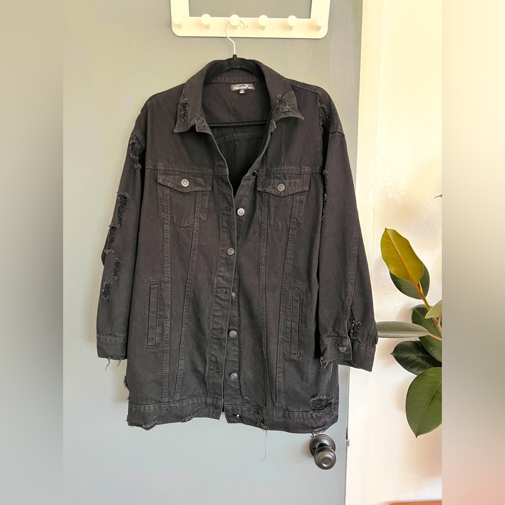 SOLD Oversized Distressed Black Denim Jacket